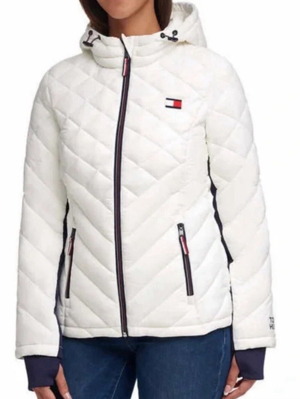 Tommy Hilfiger White Quilted Hooded Puffer Jacket with Navy Trim